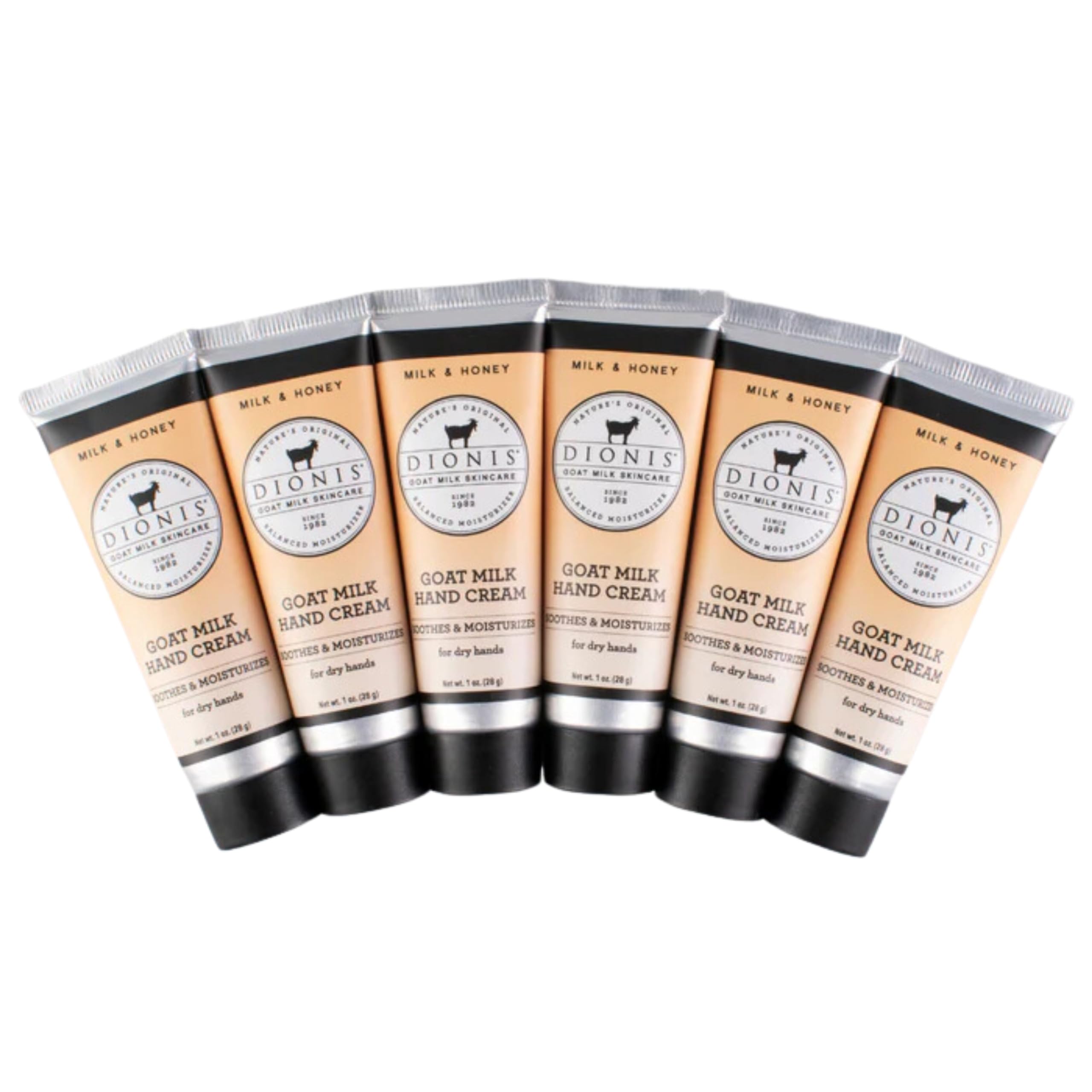 Dionis Goat Milk Hand Cream packaging highlights honey-infused formula for nourishment.
