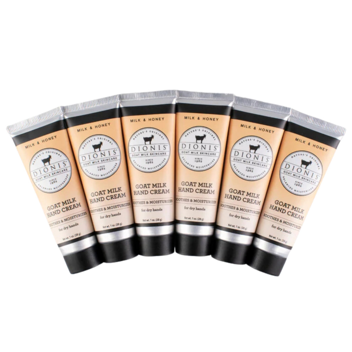 Dionis Goat Milk Hand Cream packaging highlights honey-infused formula for nourishment.