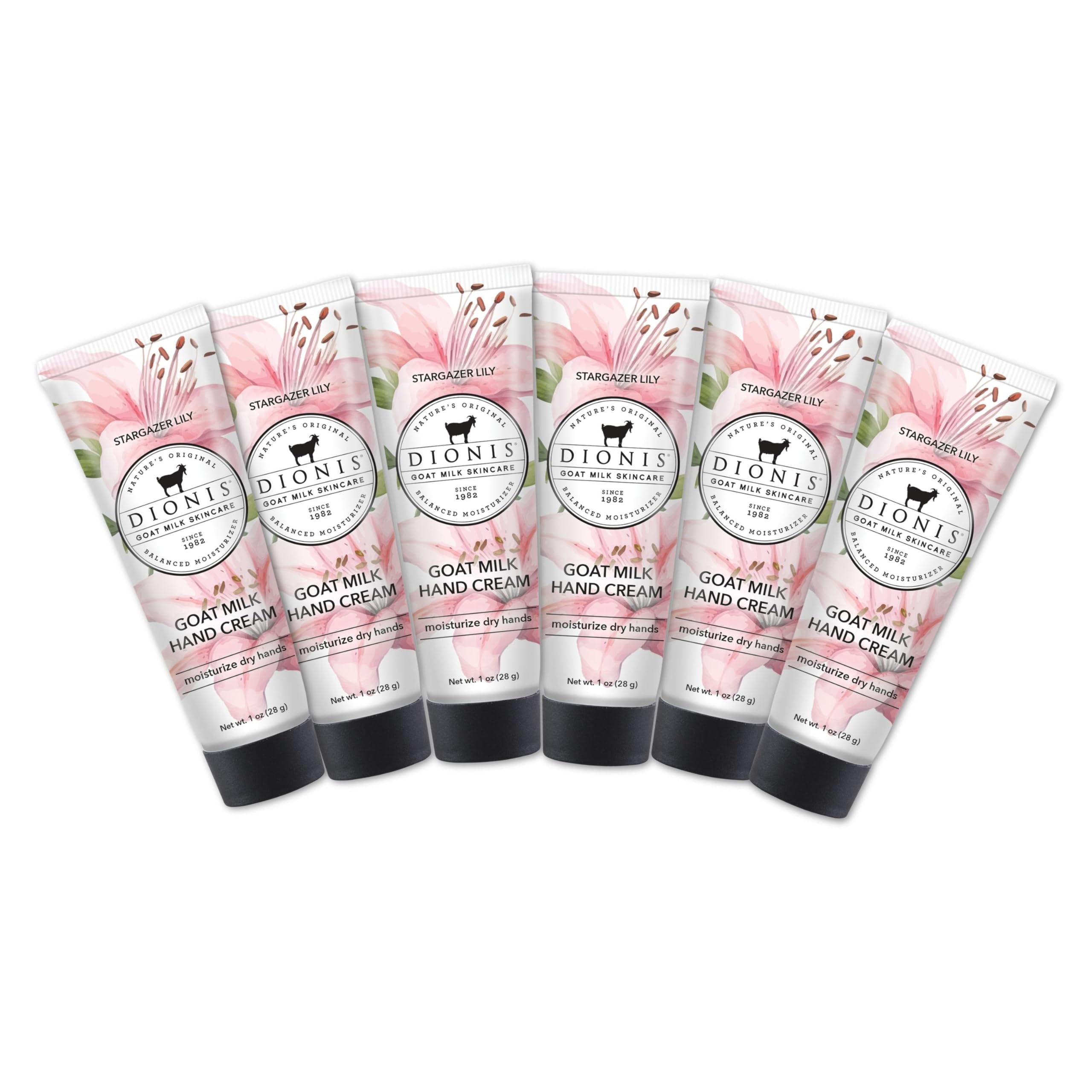 Dionis Goat Milk Hand Cream Stargazer Lily bottle 1oz pack6 provides on-the-go moisture.