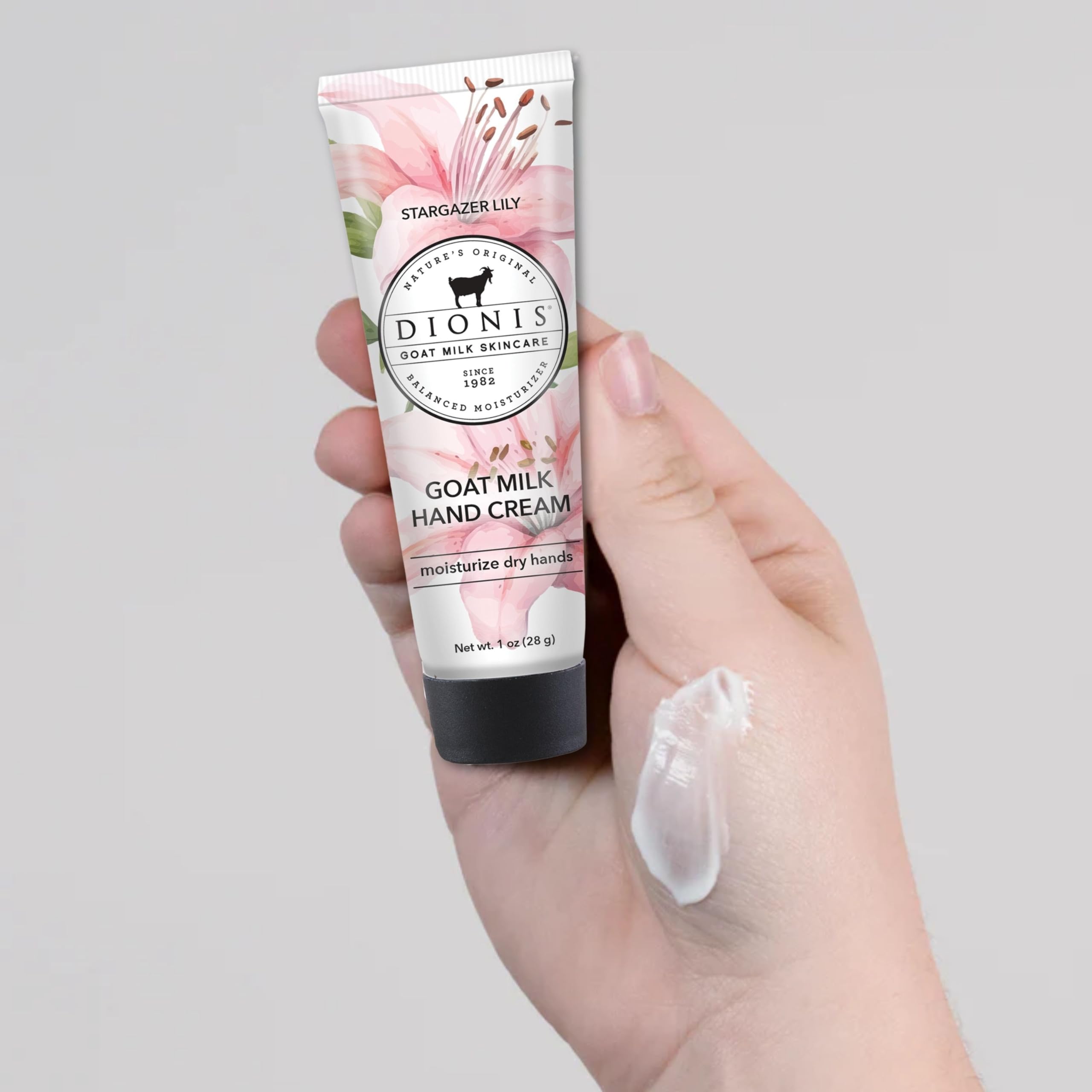 Dionis Goat Milk Hand Cream Stargazer Lily ingredients emphasize goat milk and vitamins.