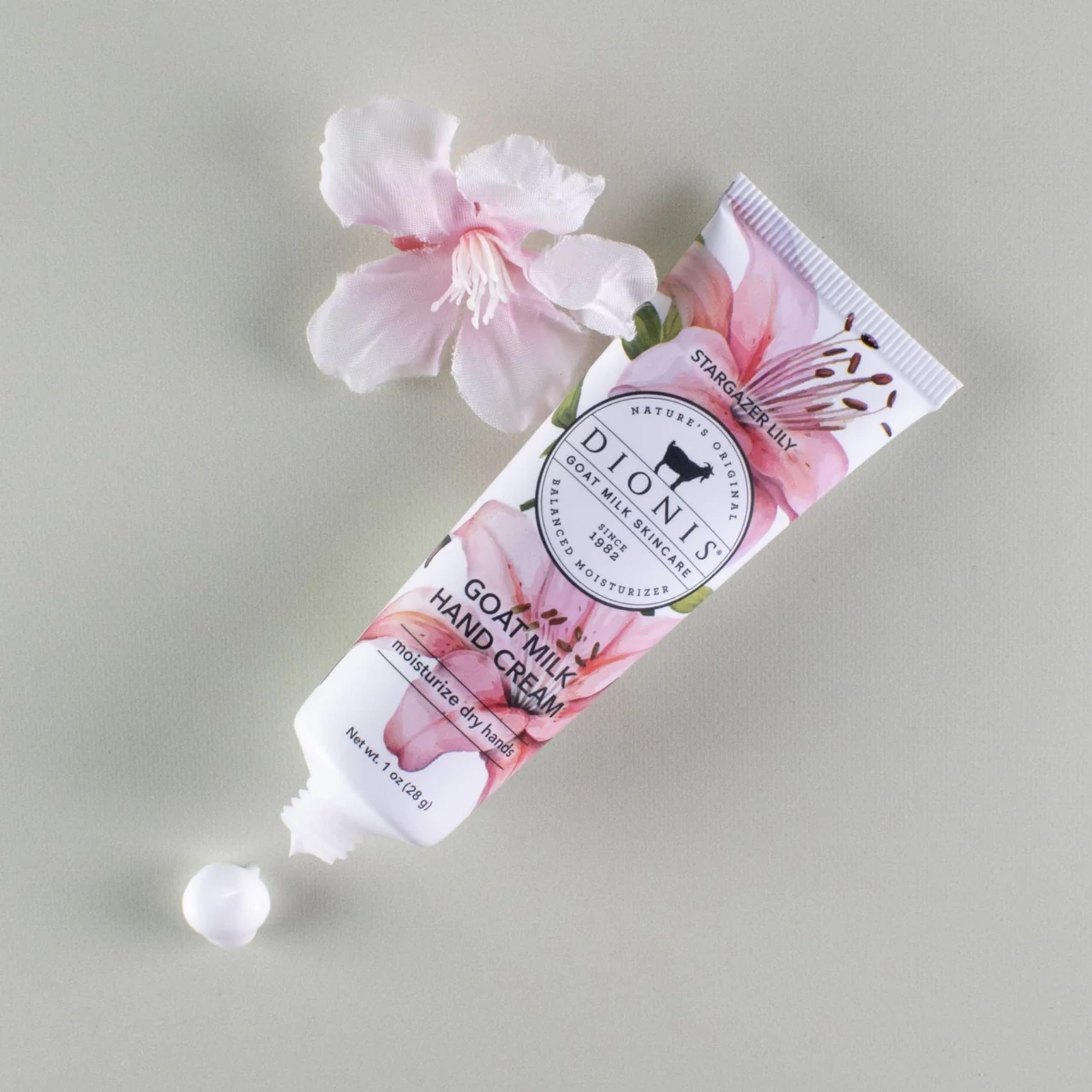 Dionis Goat Milk Hand Cream Stargazer Lily packaging highlights compact travel-friendly tubes.