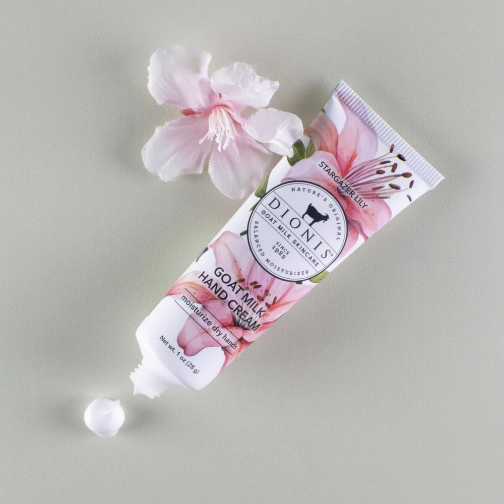 Dionis Goat Milk Hand Cream Stargazer Lily packaging highlights compact travel-friendly tubes.