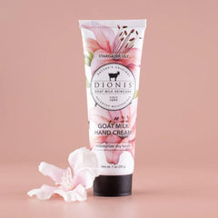 Dionis Goat Milk Hand Cream Stargazer Lily application on hands demonstrates quick absorption.