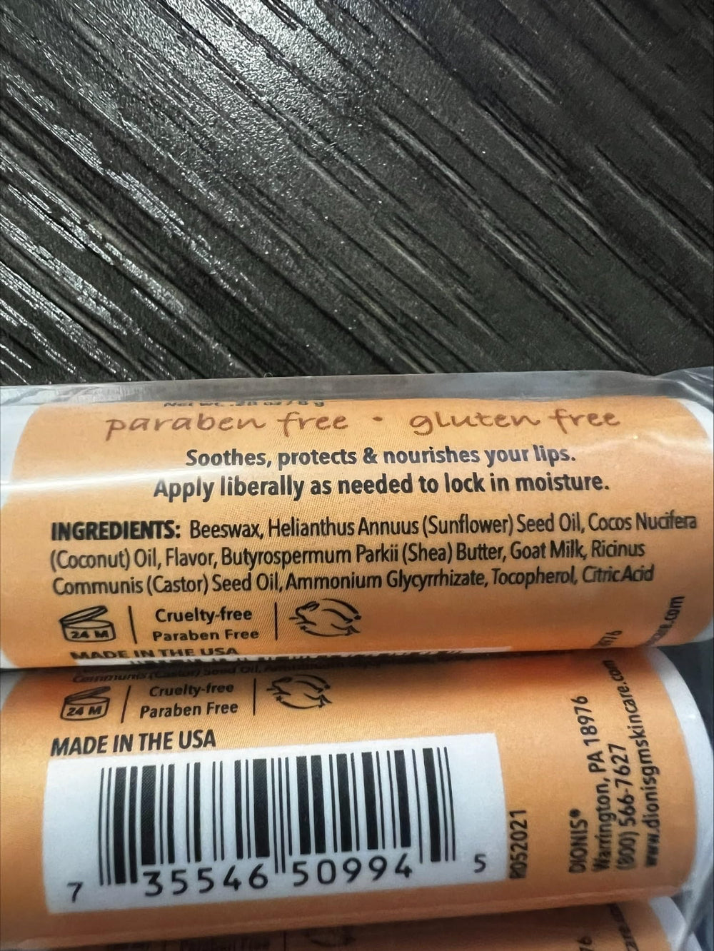 Dionis lip balm ingredients sourced from USA family farms for quality trust.