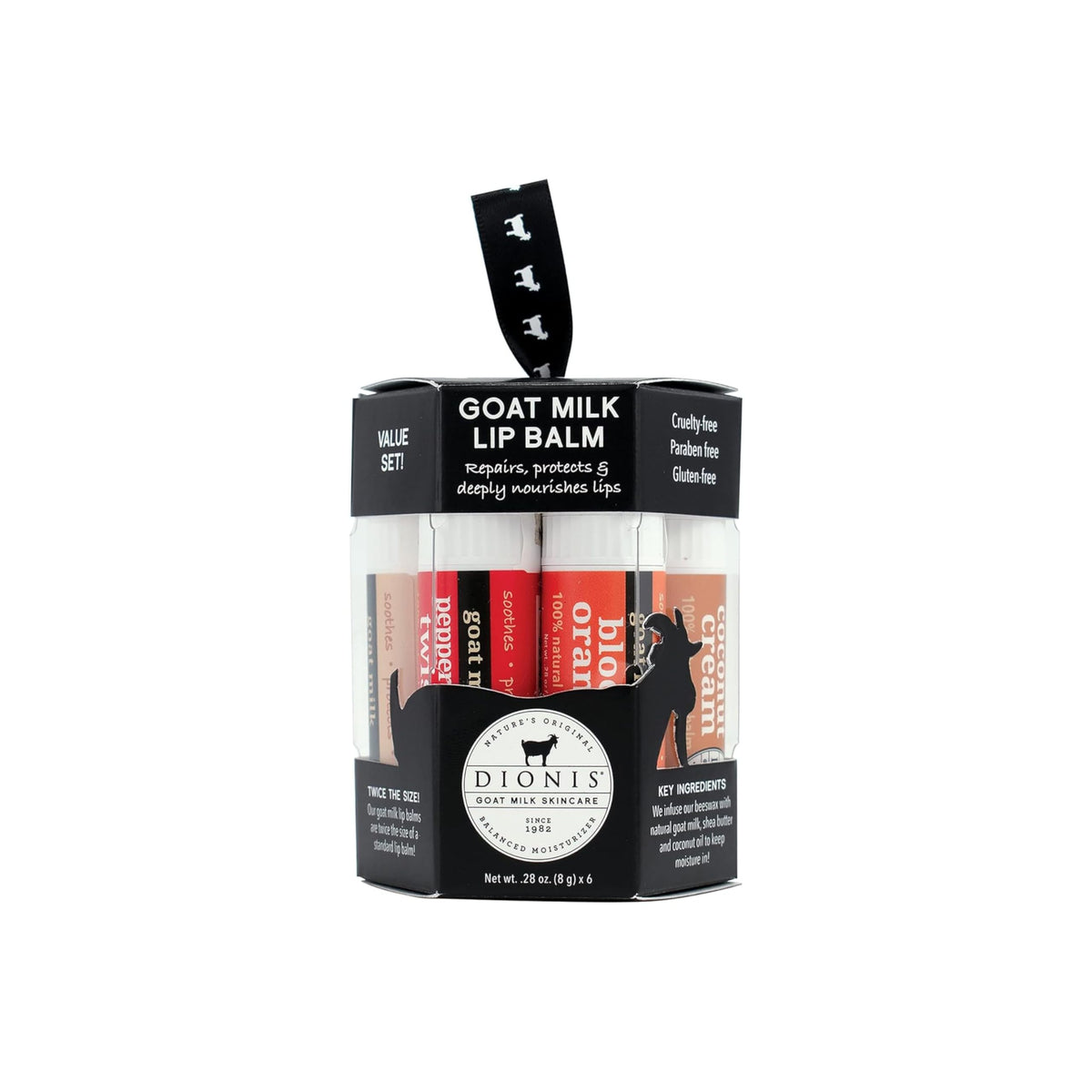 Dionis Goat Milk Lip Balm Ornament Set in festive packaging for easy gifting
