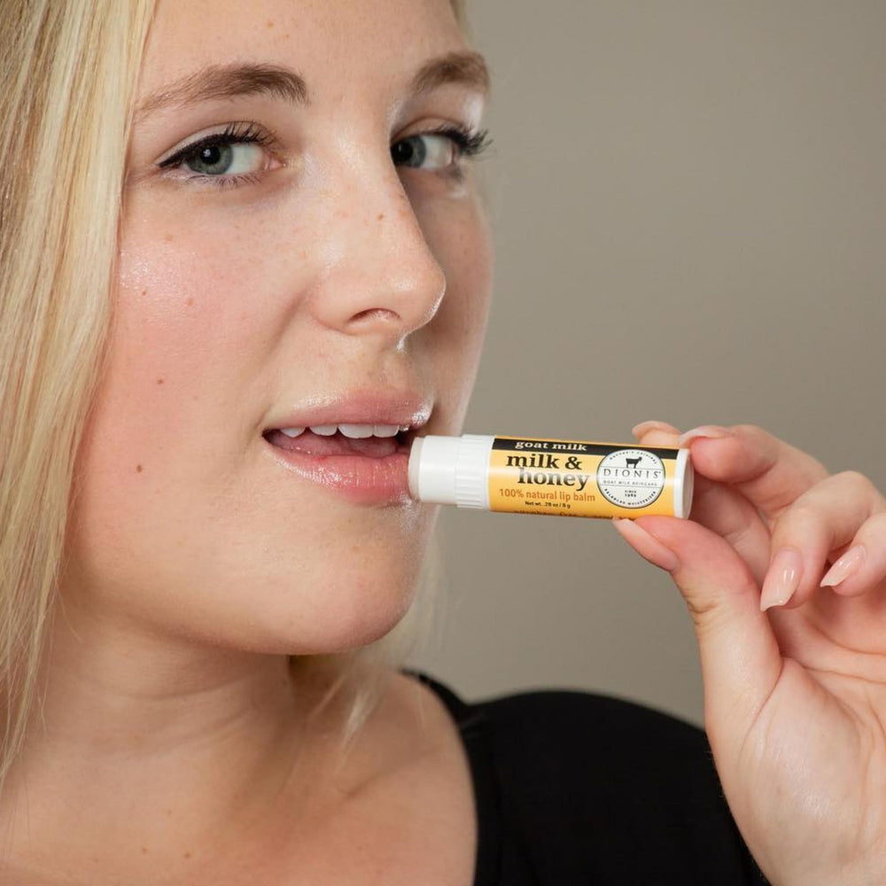 Dionis Goat Milk Lip Balm packaging front with six tubes visible.