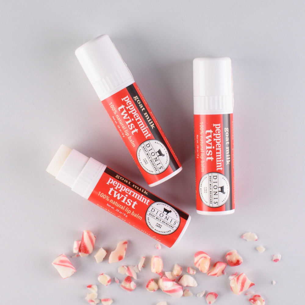 Dionis Peppermint Twist lip balm in use providing soothing moisture