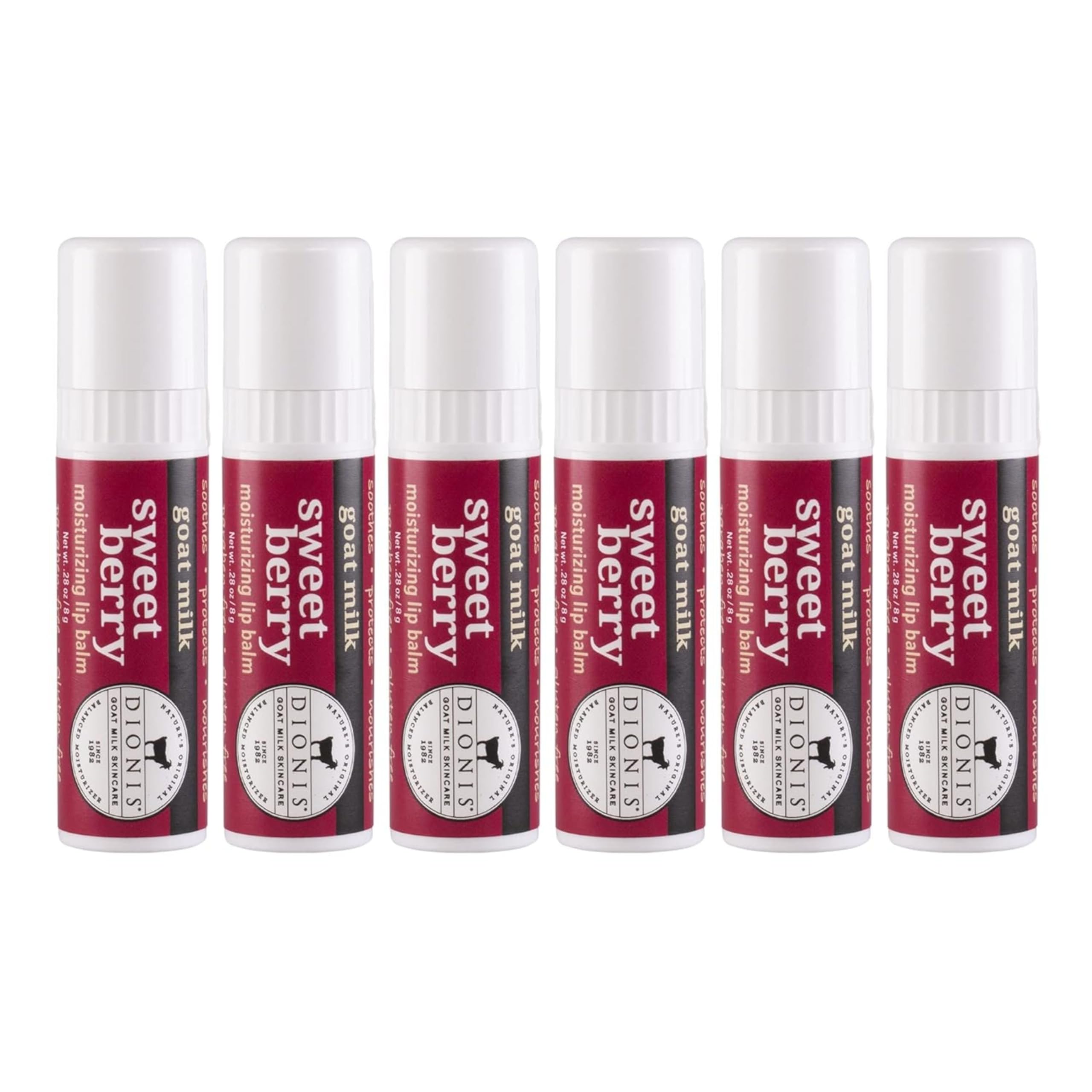 Dionis Goat Milk Lip Balm Sweet Berry tube shows rich moisture for soft lips.