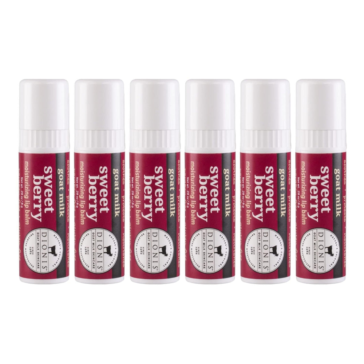 Dionis Goat Milk Lip Balm Sweet Berry tube shows rich moisture for soft lips.