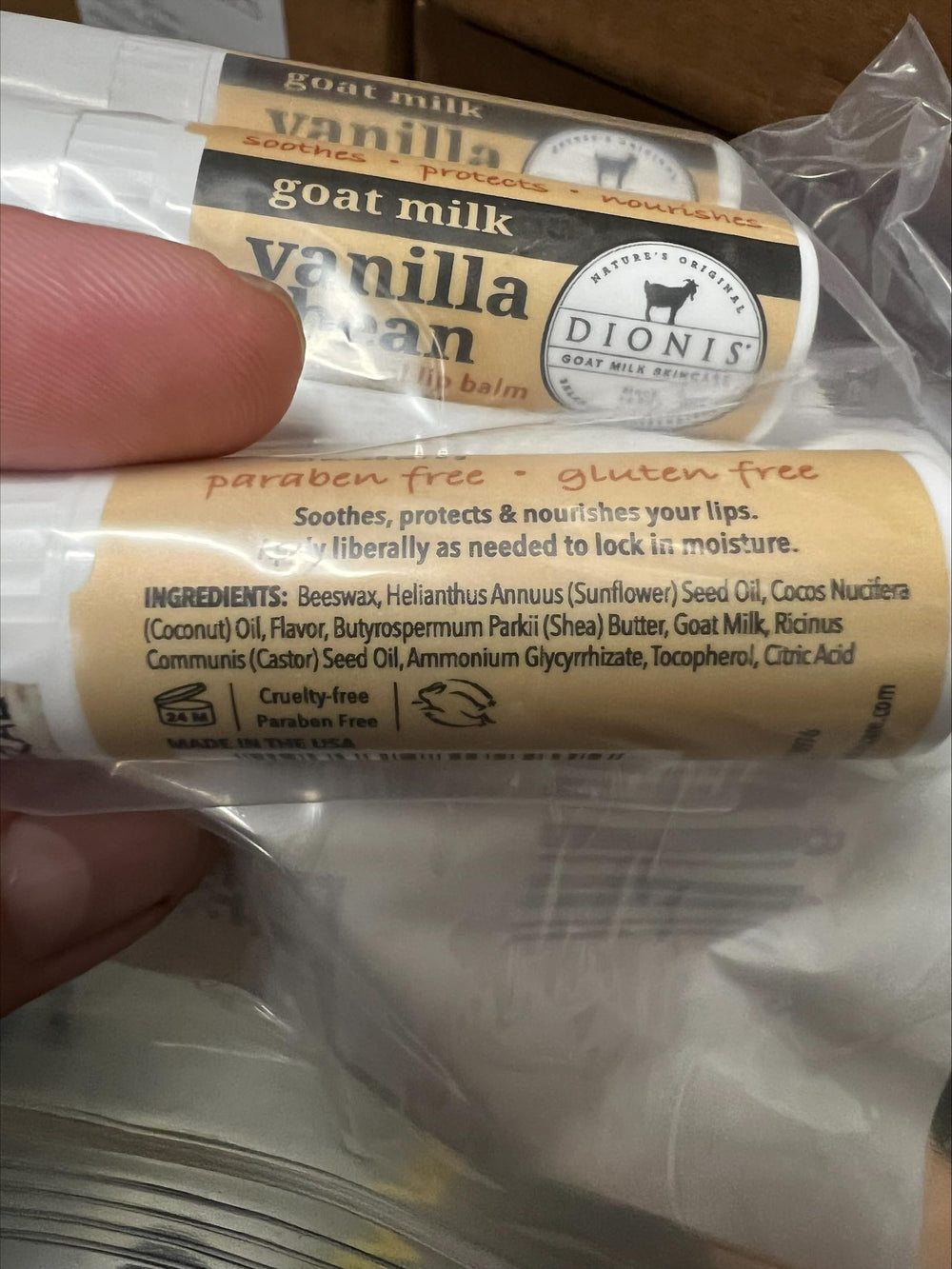Dionis Goat Milk Lip Balm Vanilla Bean close up shows creamy texture for smooth lips