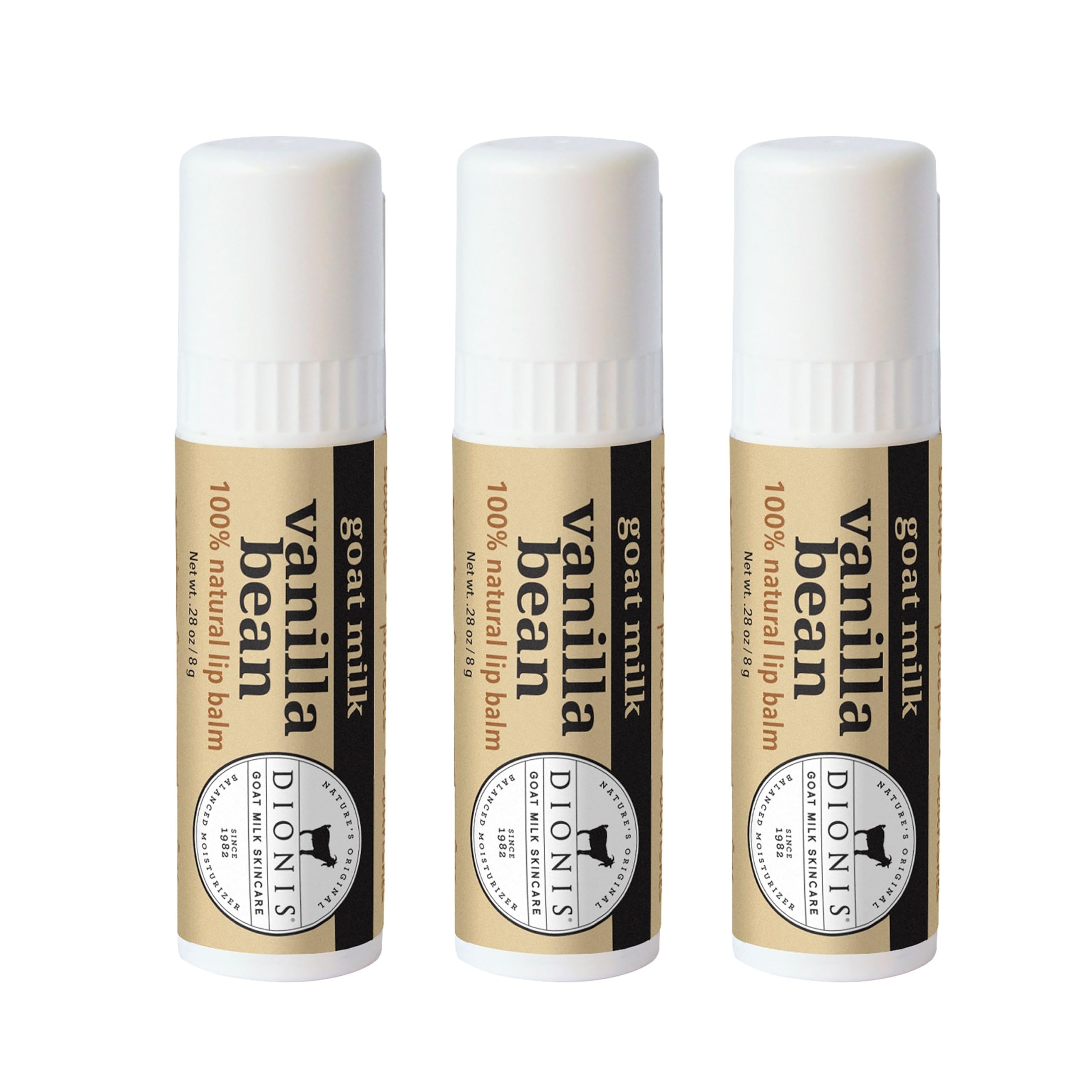Dionis Goat Milk Lip Balm Vanilla Bean outer packaging highlighting hydration