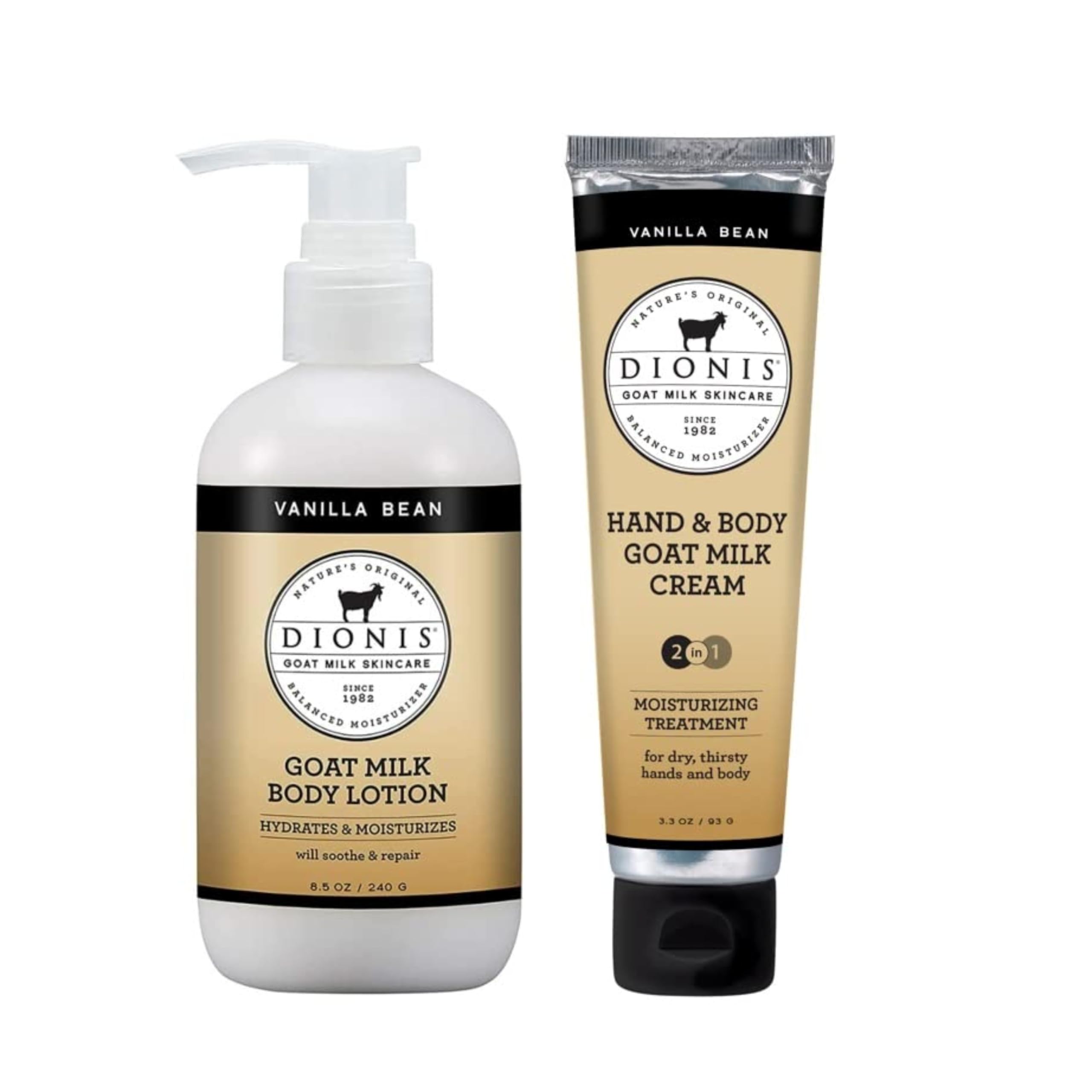 Dionis goat milk lotion vanilla bean bottle provides gentle, non-greasy hydration.