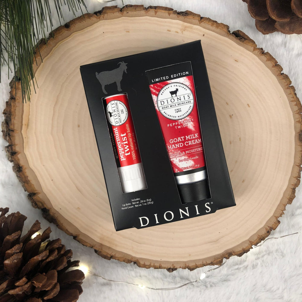 Dionis Peppermint Twist set packaging showcasing goat milk skincare duo.