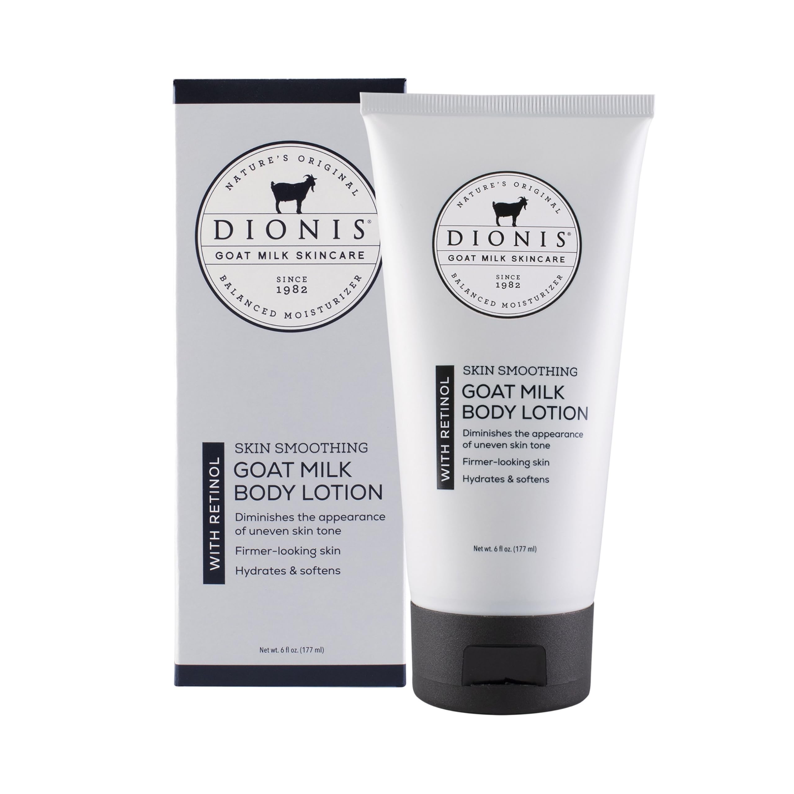 Dionis goat milk retinol body lotion bottle with pump for smoother skin.