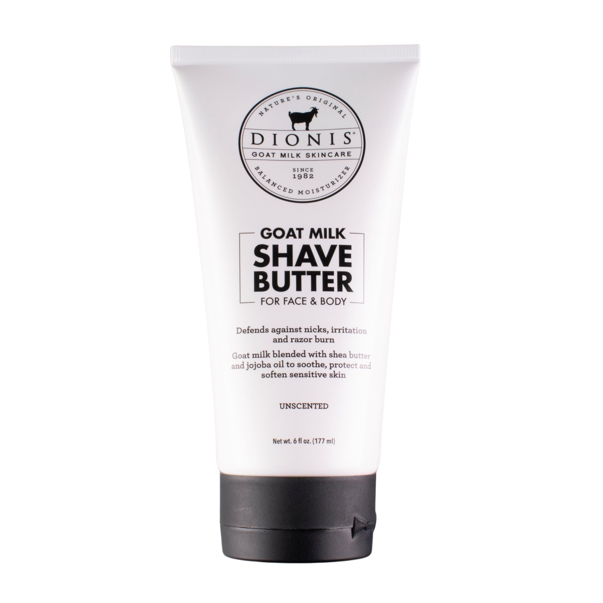 Dionis Goat Milk Shave Butter front jar showing creamy hydration for sensitive skin.