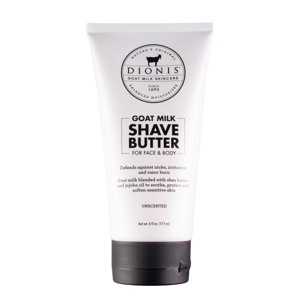 Dionis Goat Milk Shave Butter front jar showing creamy hydration for sensitive skin.