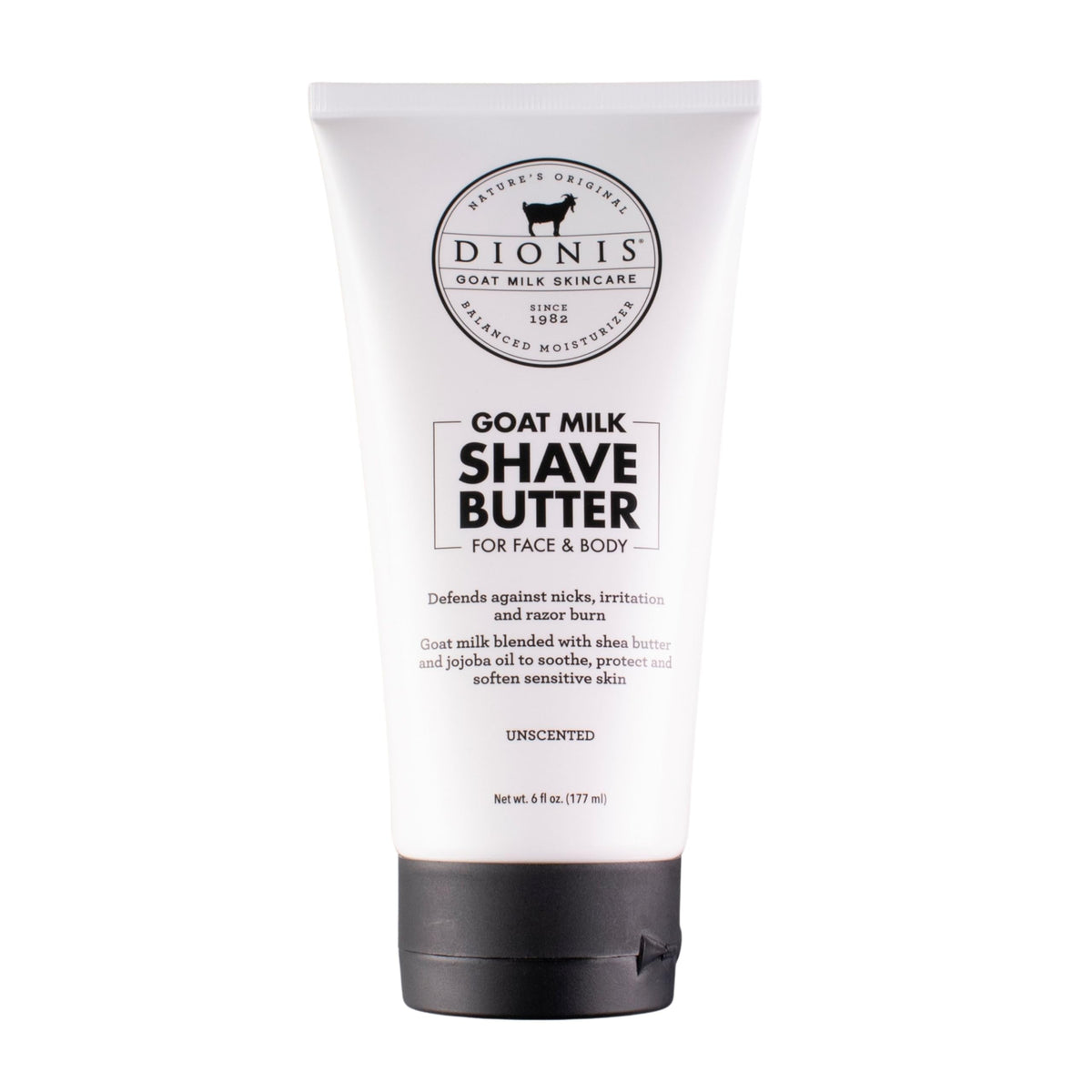 Dionis Goat Milk Shave Butter front jar showing creamy hydration for sensitive skin.