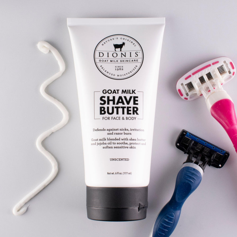 Goat milk shave butter ingredients highlight shea butter and jojoba oil benefits.
