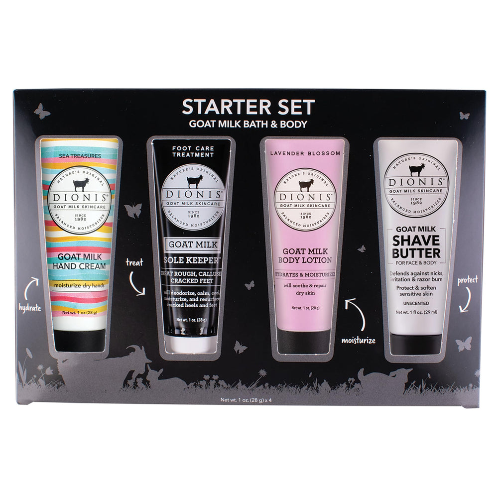 Dionis goat milk starter set packshot with four travel-size products for daily skincare