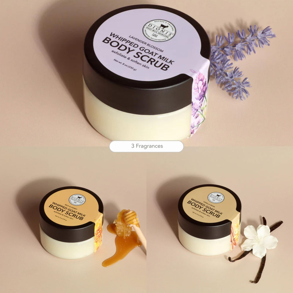 Dionis Goat Milk Whipped Scrub chamomile lavender closeup with natural ingredients