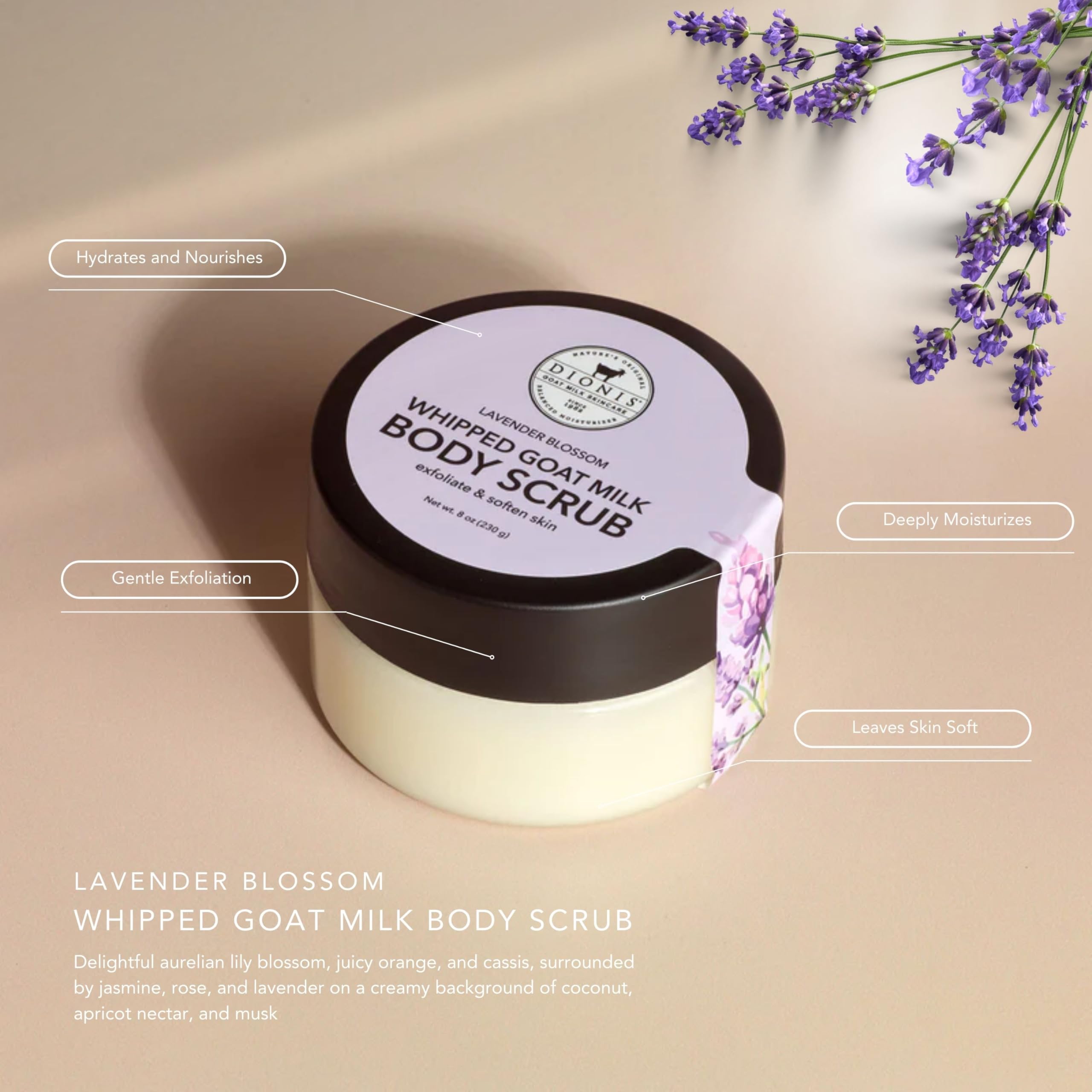Dionis Goat Milk Whipped Scrub texture closeup shows creamy exfoliation