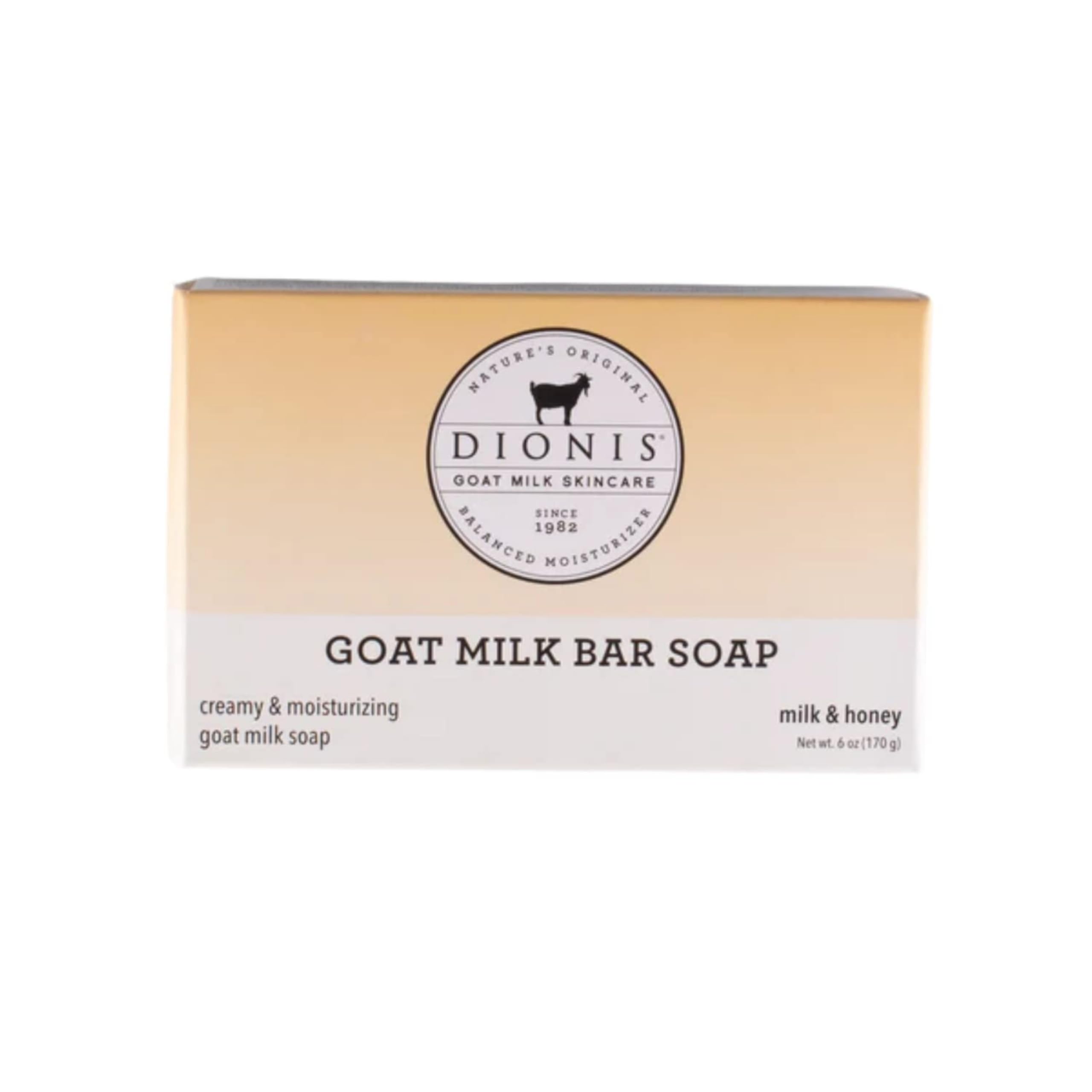 Dionis goatmilk soap bar packaging with cruelty-free USA branding for confident shopping