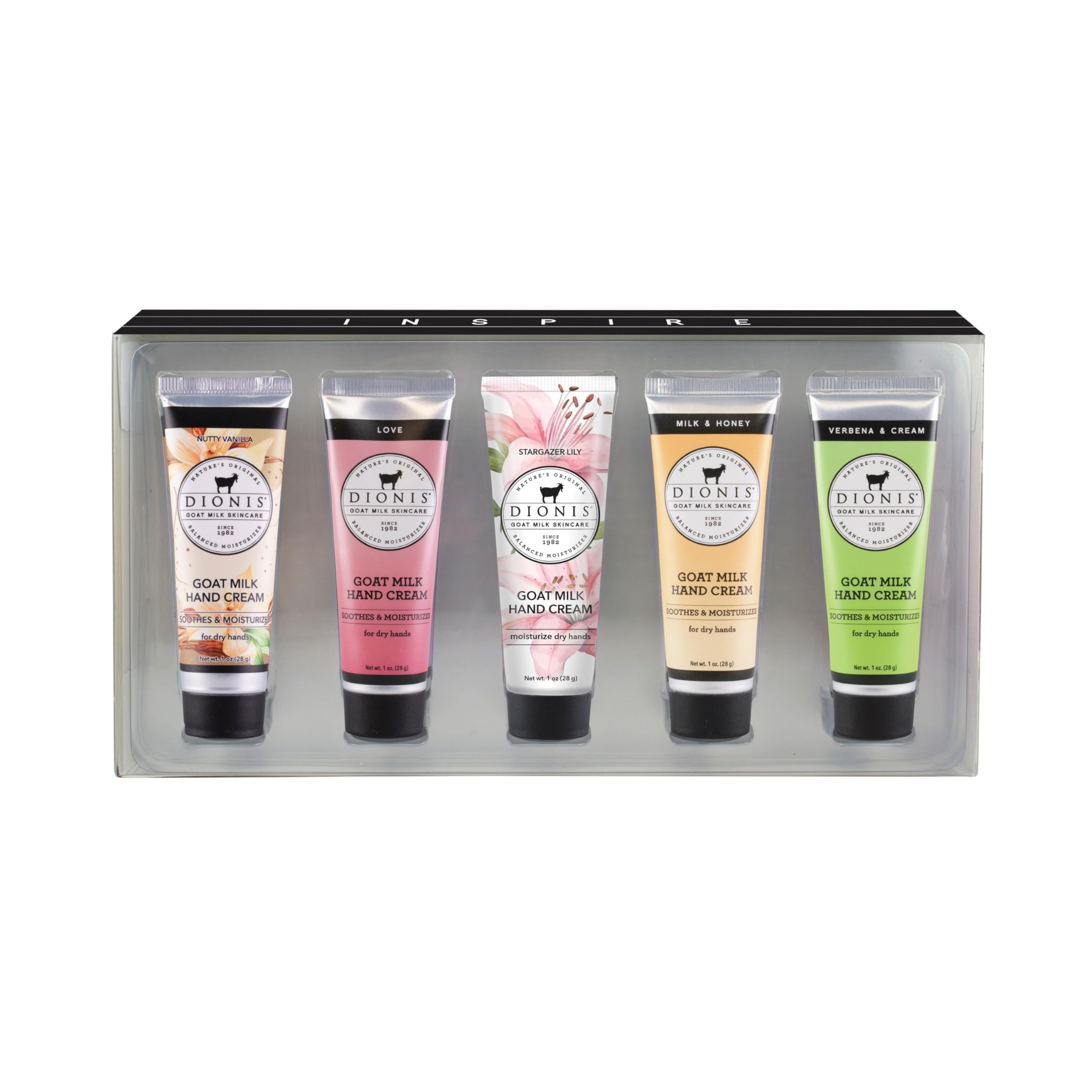 Dionis Inspire 2024 gift box with goat milk hand creams for gifting.