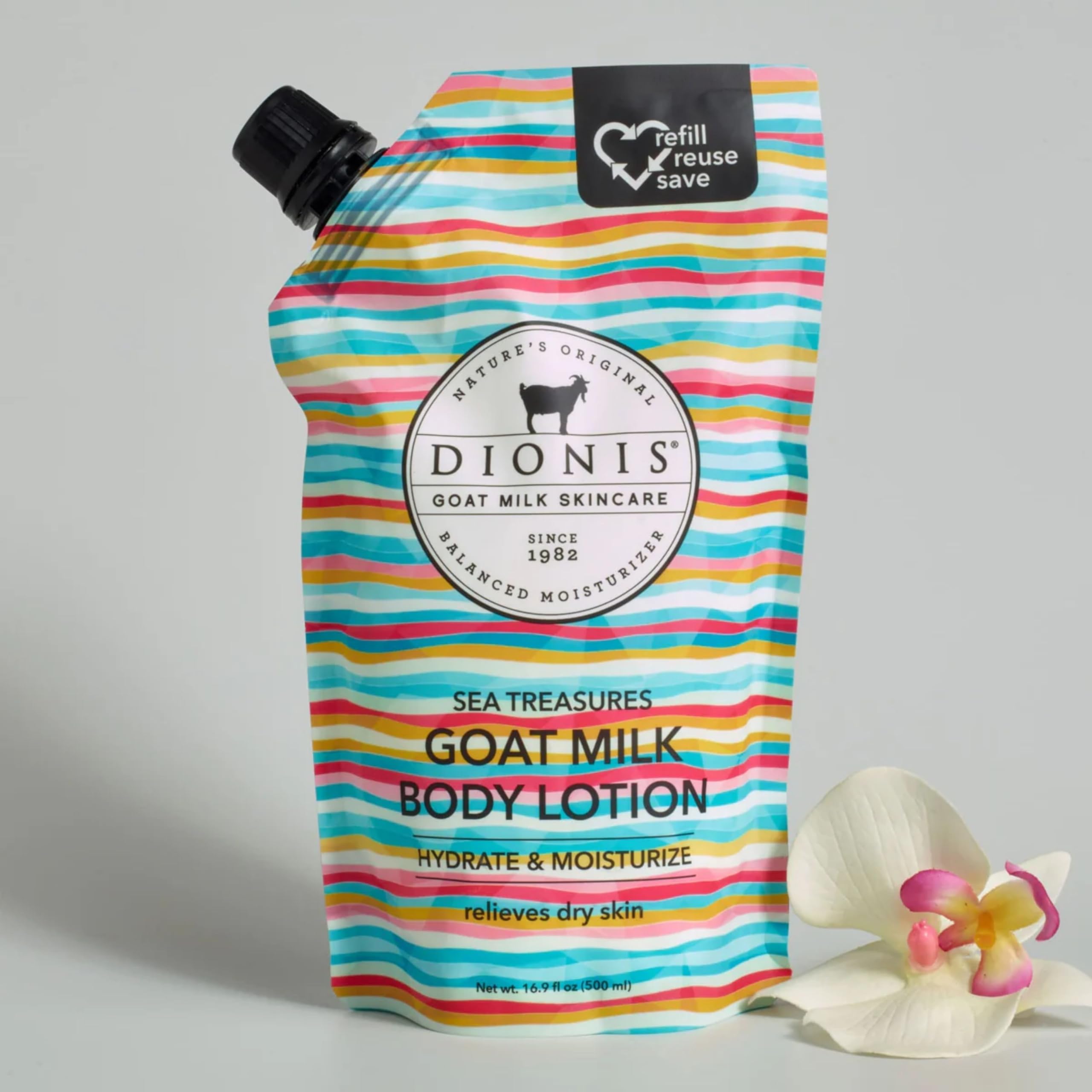 Dionis Sea Treasures eco-packaging emphasis on reduced waste with refill pouch.