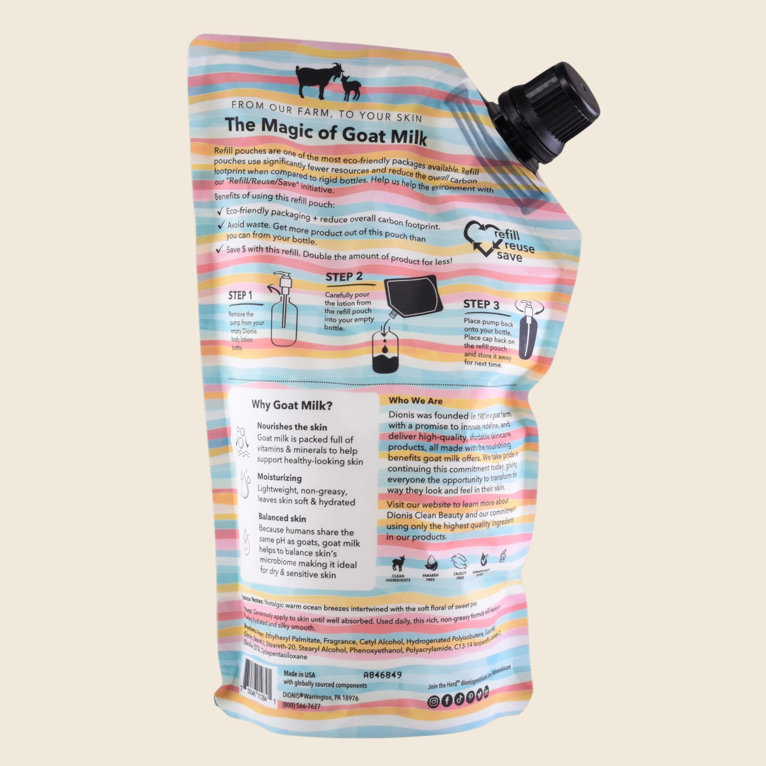 Dionis Sea Treasures refill pouch pouring action for easy bottle transfer.