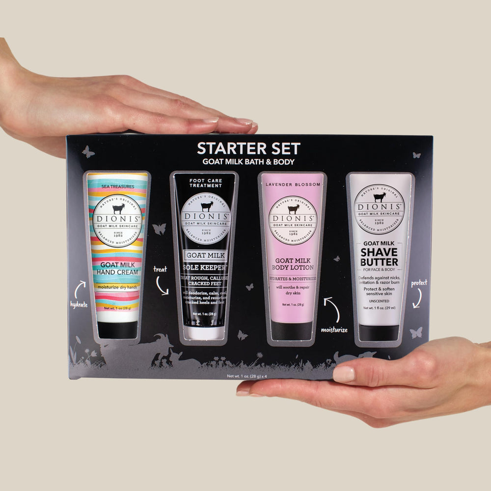 Dionis starter set shown in compact, travel-friendly packaging