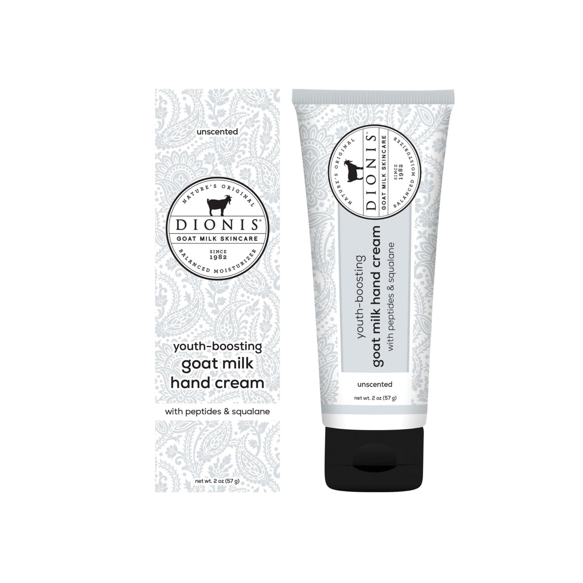 Dionis Youth Boosting Goat Milk Hand Cream bottle front with fragrance-free formula for sensitive skin.