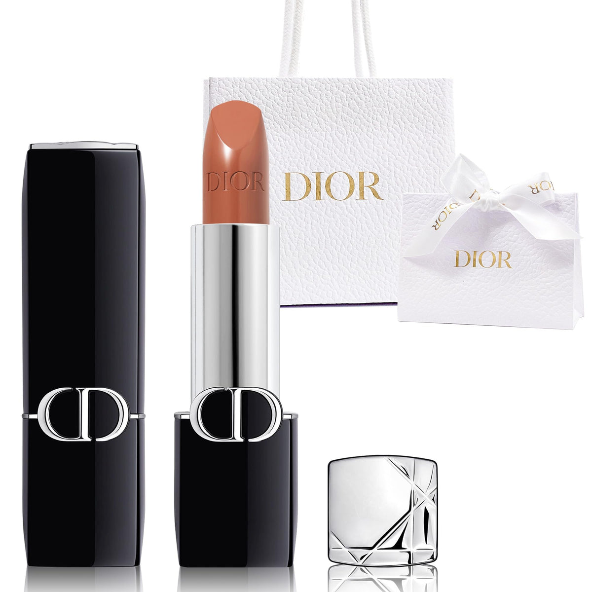 Dior Rouge Couture lipstick packaging with silver logo signaling timeless luxury.