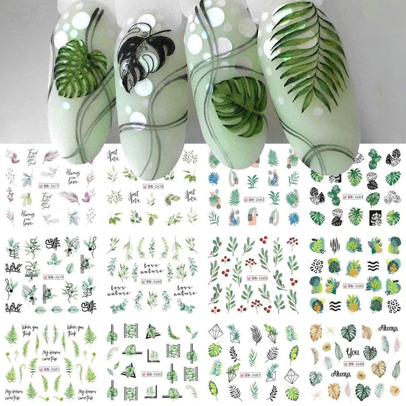 Diowino green leaf nail stickers for acrylic nails with a tropical vibe and easy DIY appeal.