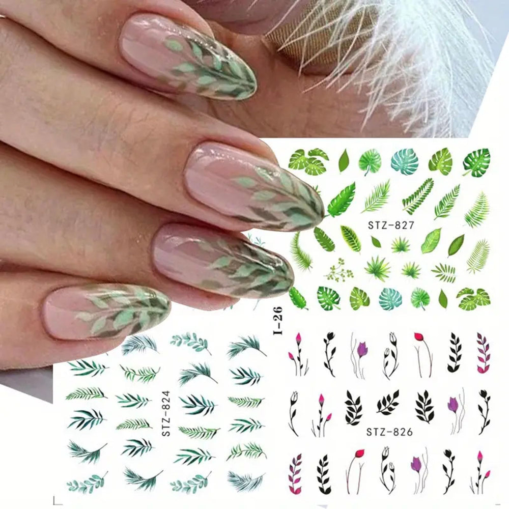 Diowino water transfer stickers showcase vibrant greens on nails for quick upgrades.