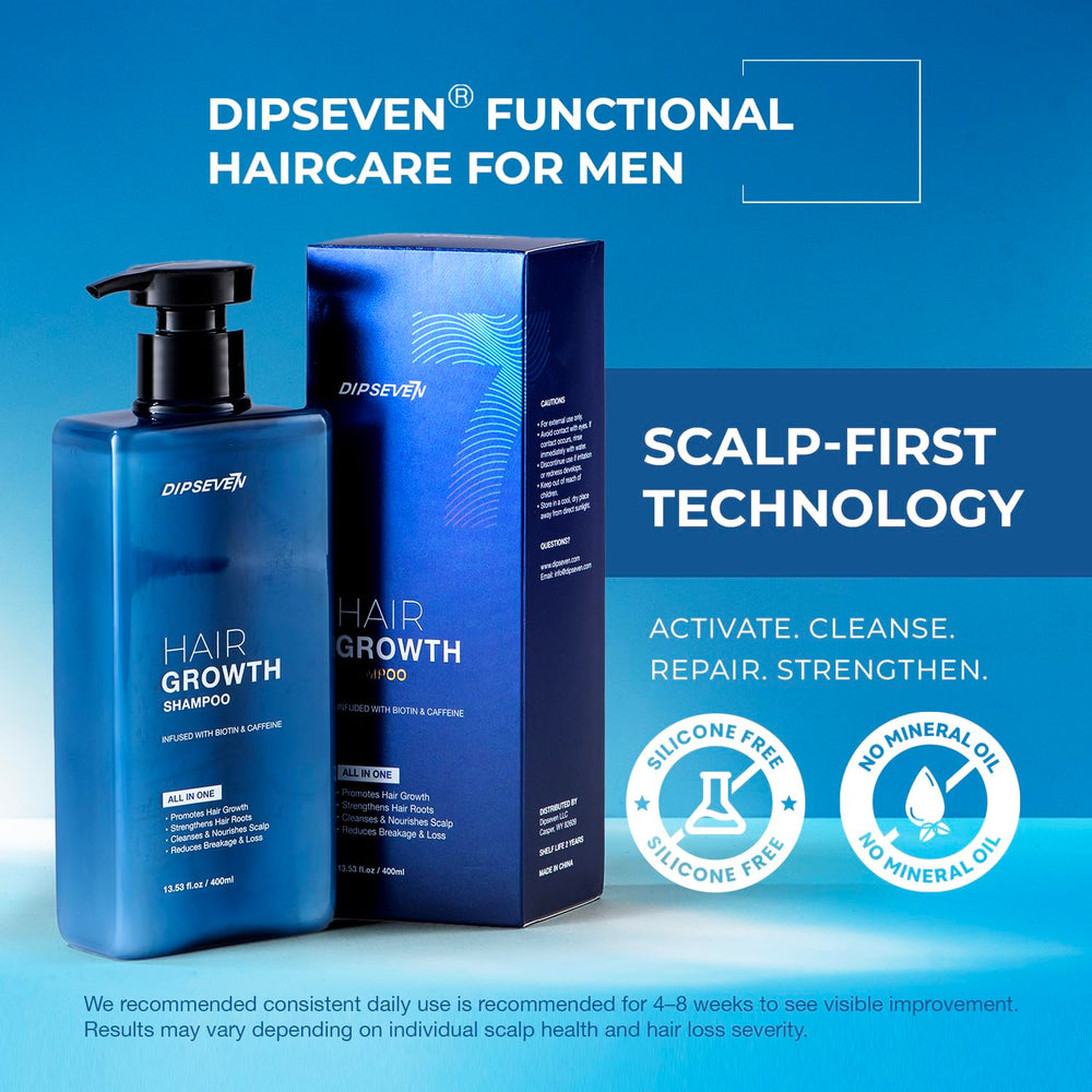 DIPSEVEN Biotin Shampoo label close-up highlighting biotin and caffeine benefits