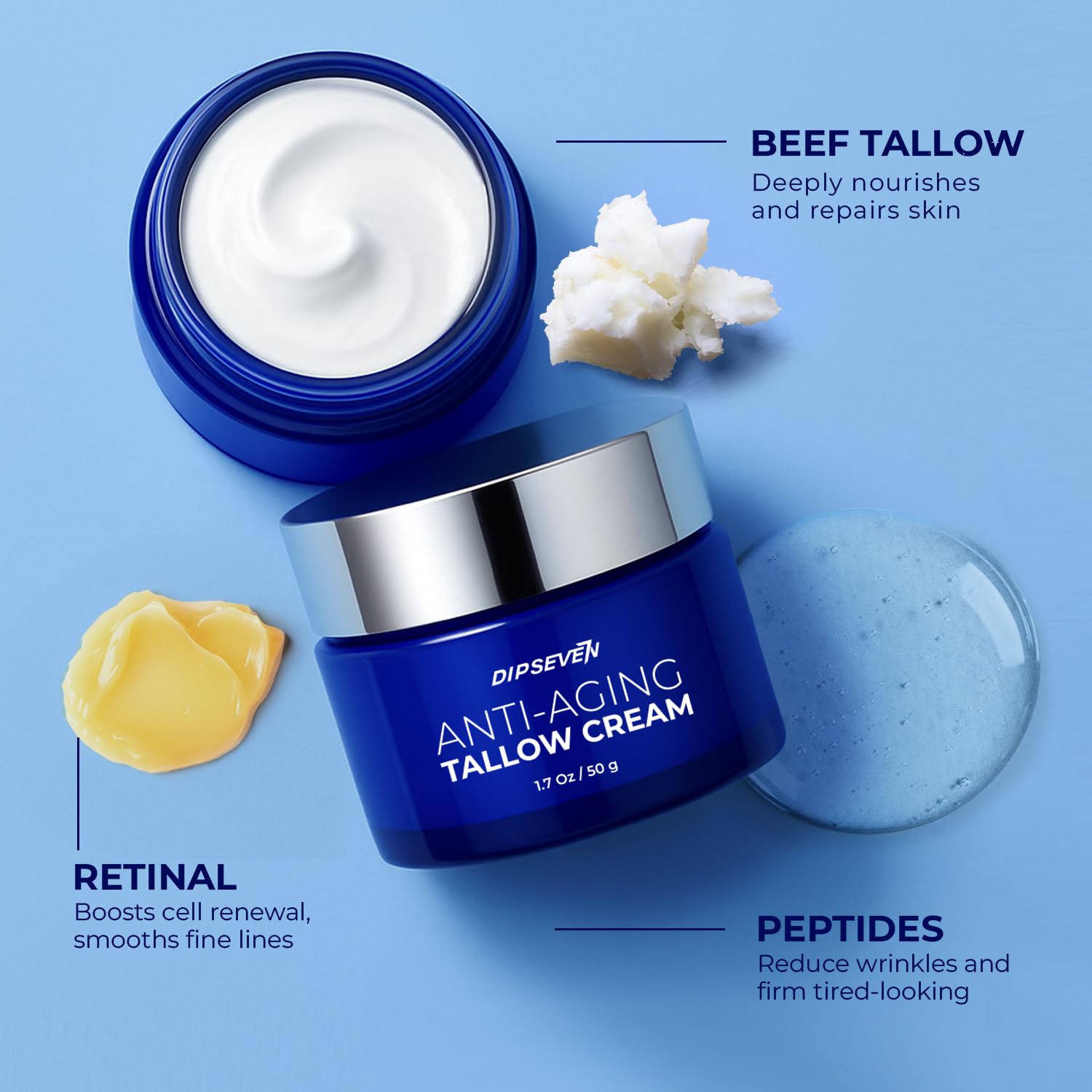 Dipseven whipped-tallow texture closeup reveals lightweight, non-greasy hydration.