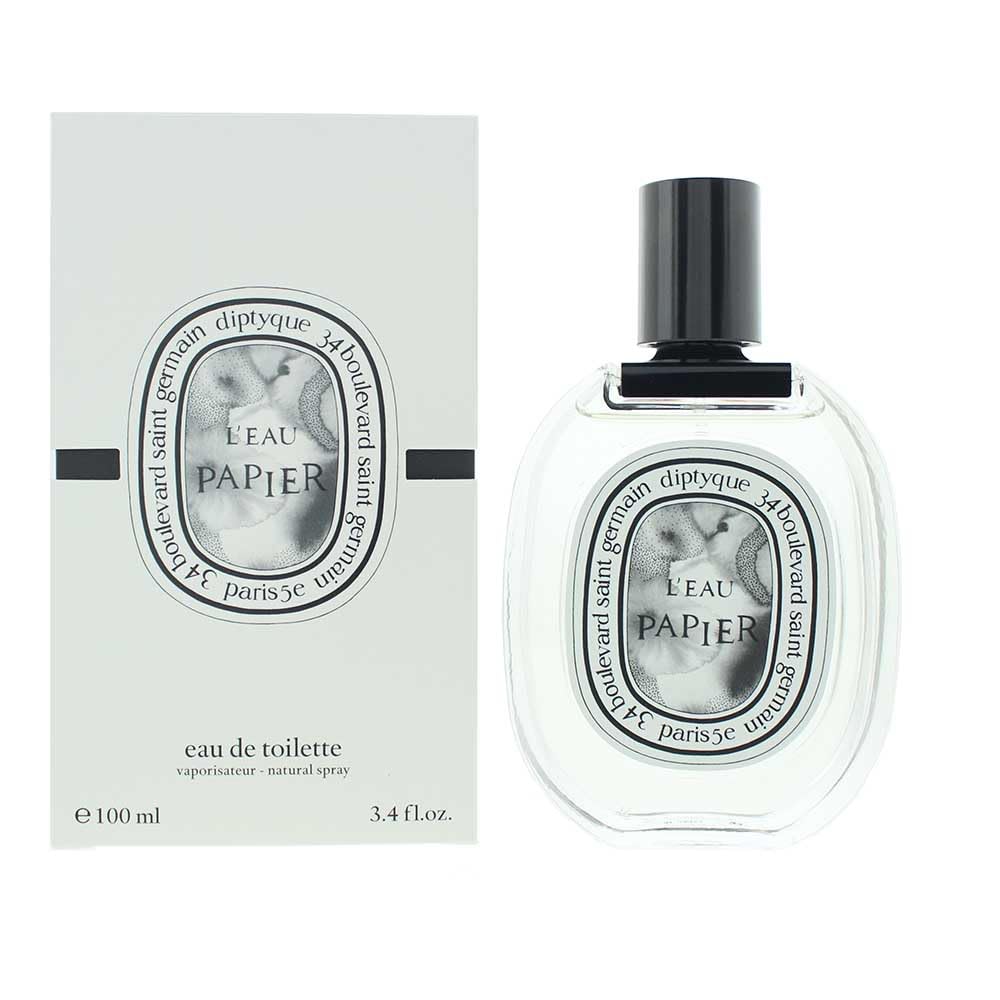 Diptyque L'eau Papier bottle close-up highlighting the unisex fragrance for everyday wear.
