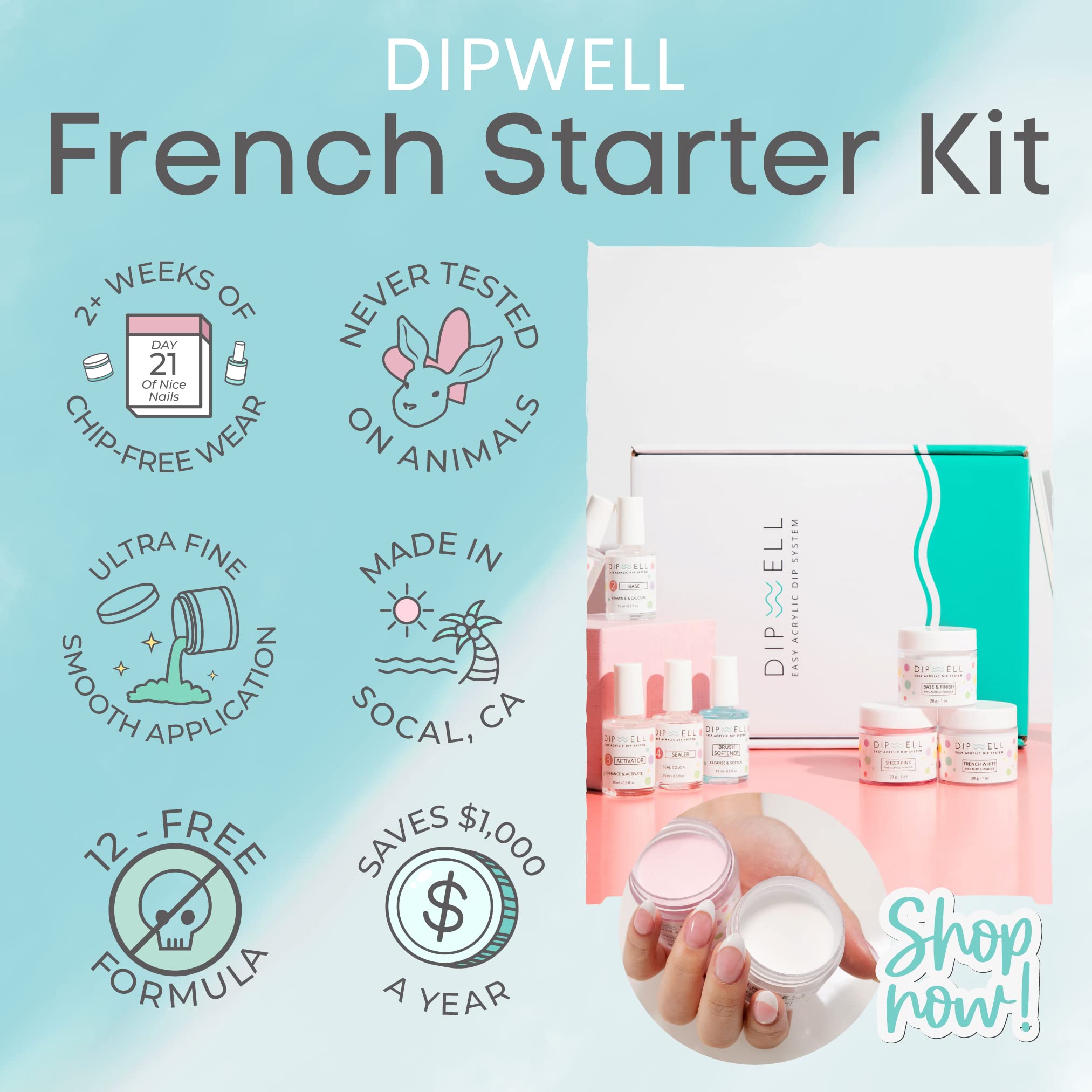 DipWell Bond, Base, Activator close-up highlighting durable nail enhancements without a lamp