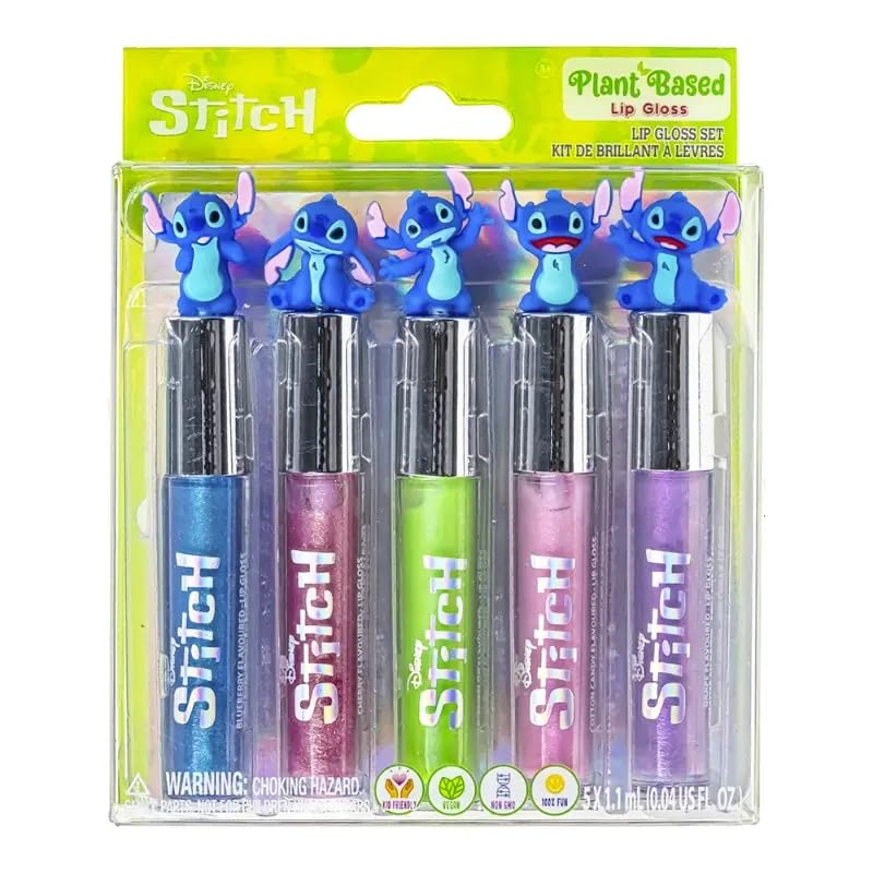 Disney Stitch lip gloss set featuring Stitch toppers for playful shine
