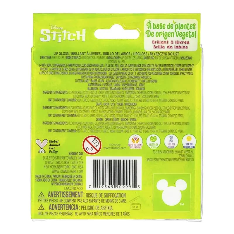 Five fruity shade display on Disney Stitch lip gloss for versatile looks