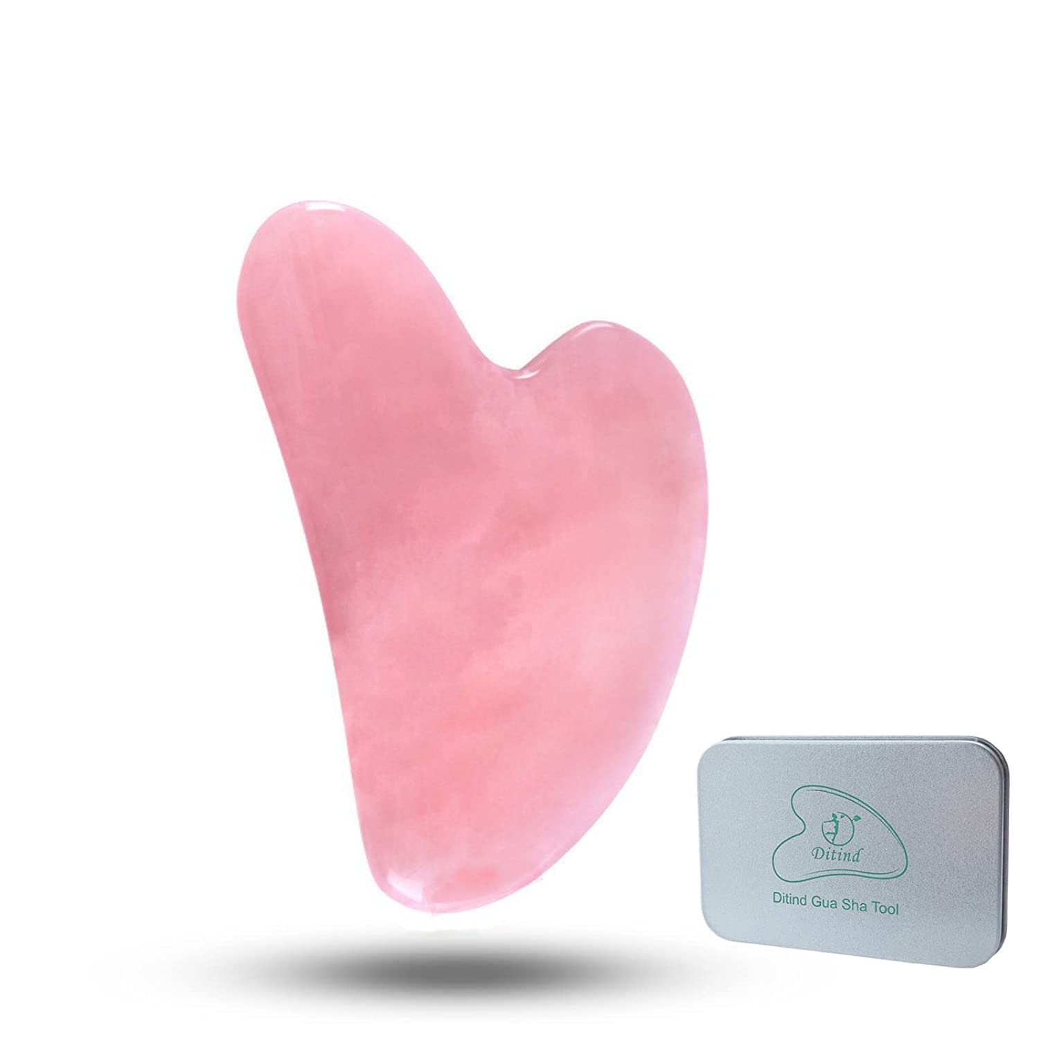 Ditind Rose Quartz Gua Sha face tool for facial massage and improved circulation.