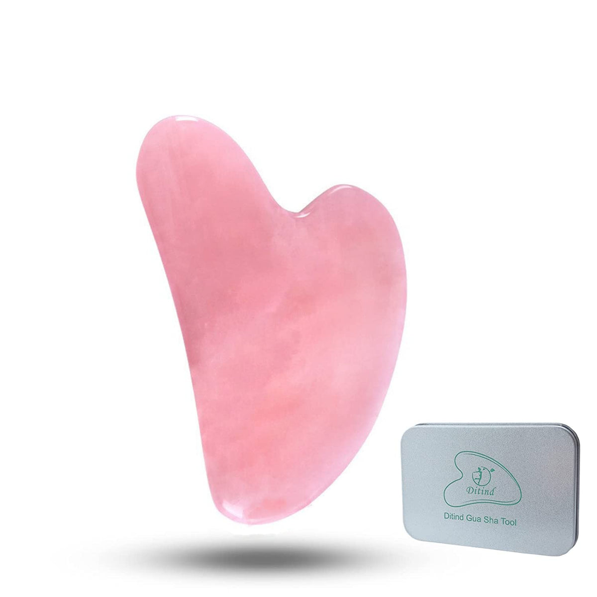 Ditind Rose Quartz Gua Sha face tool for facial massage and improved circulation.