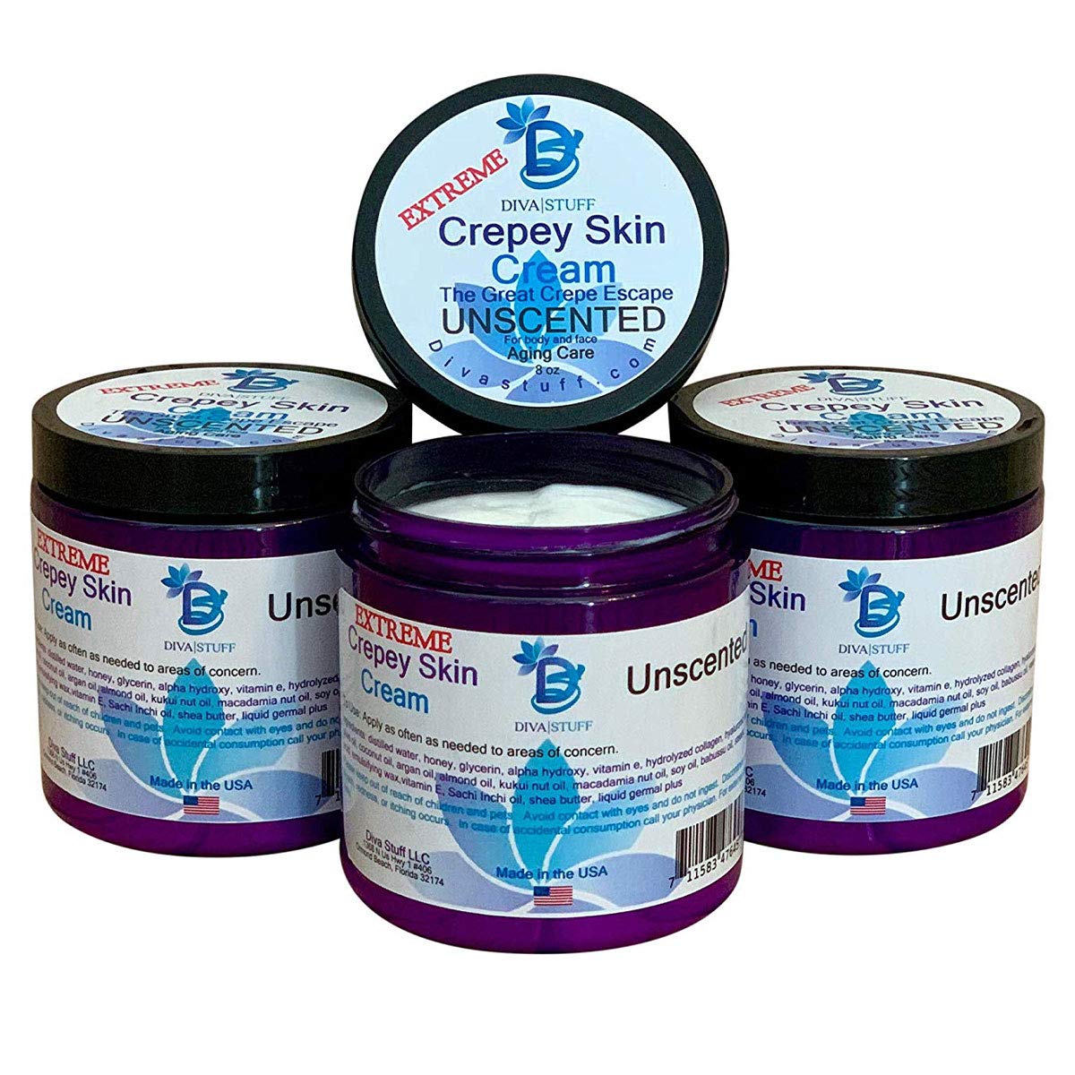 Diva Stuff Extreme Crepey Skin Cream jar close-up showing unscented formula for dry skin