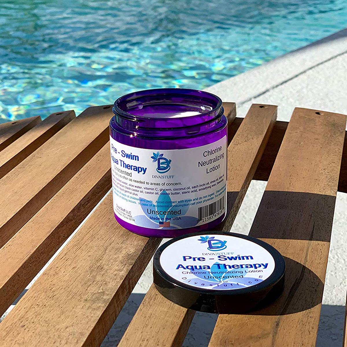Diva Stuff pre-swim aqua therapy lotion with Vitamin C neutralizes chlorine at the source