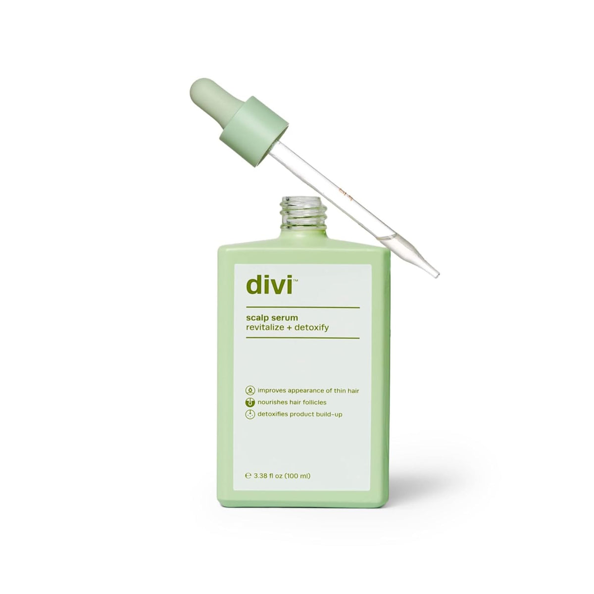 Divi scalp serum bottle with droplet showing easy daily application for nourished scalp