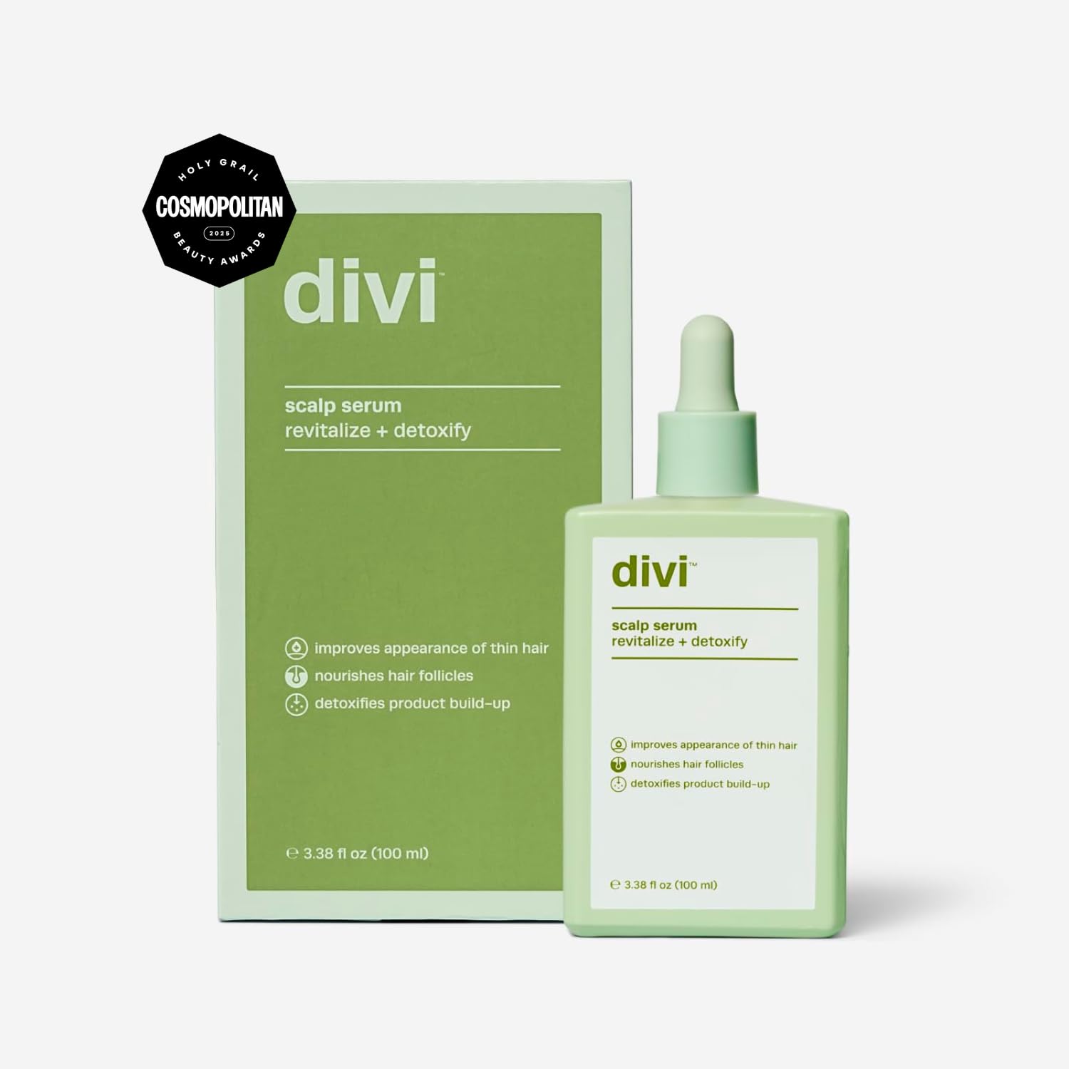 Divi packaging closeup emphasizing clean vegan formula for scalp care