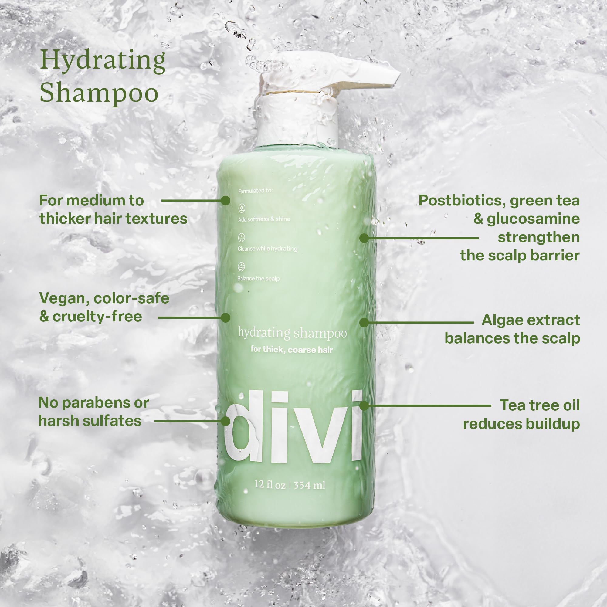 Divi Hydrating Conditioner bottle closeup, creamy texture highlighted for smooth hydration