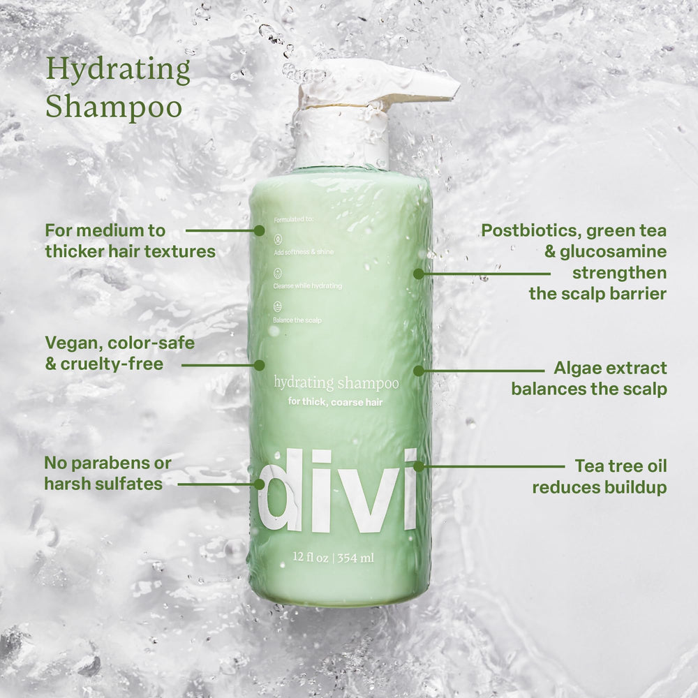 Divi Hydrating Conditioner bottle closeup, creamy texture highlighted for smooth hydration