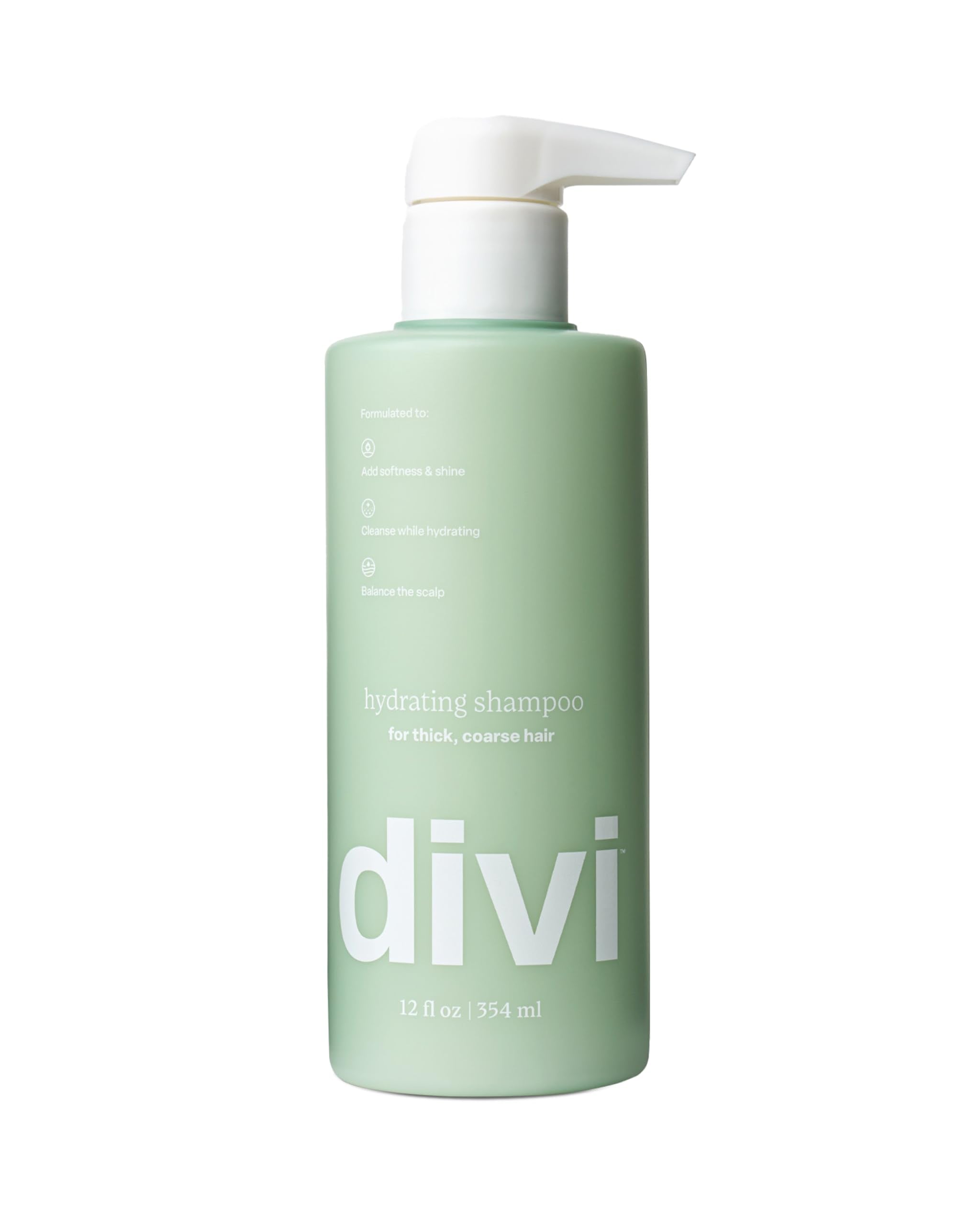 Divi Hydrating Shampoo bottle closeup, vegan formula for gentle cleansing.