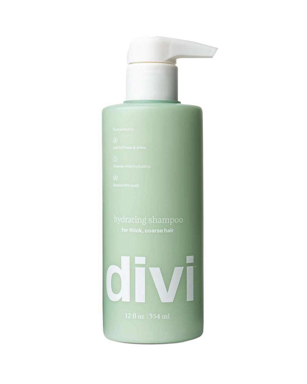 Divi Hydrating Shampoo bottle closeup, vegan formula for gentle cleansing.